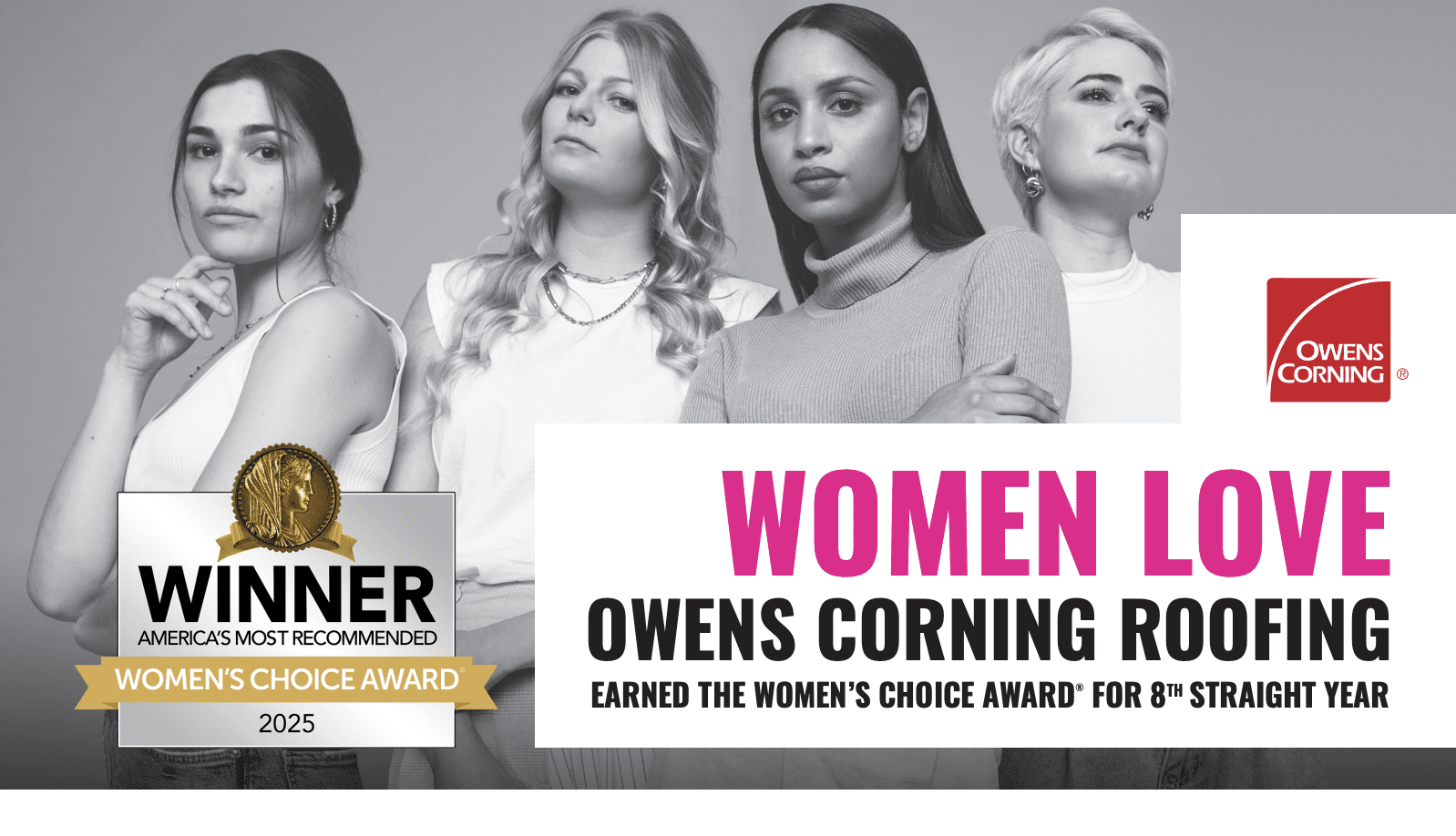 Group of four diverse women posing confidently in black and white photo.